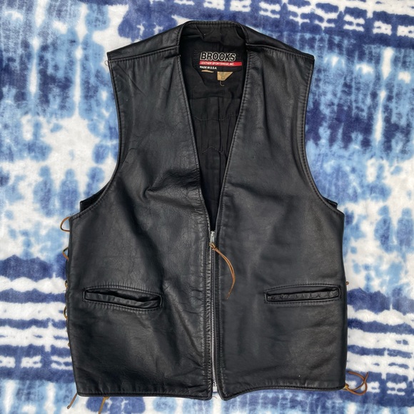 Vintage Brooks Leather Sportswear Motorcycle Vest Harley Davidson Patch size 38 - Picture 2 of 7